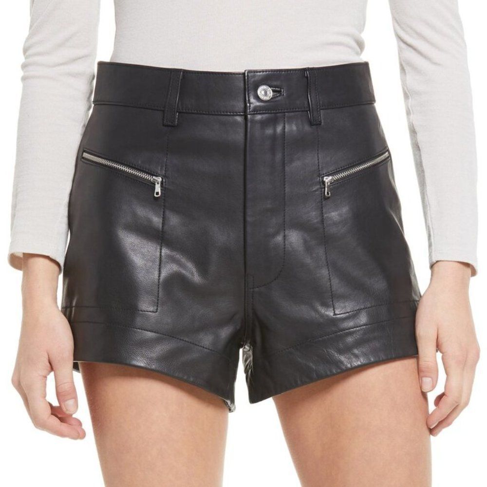 7 For All Mankind Women's Jet Black Zip Pocket Leather Shorts Size 23